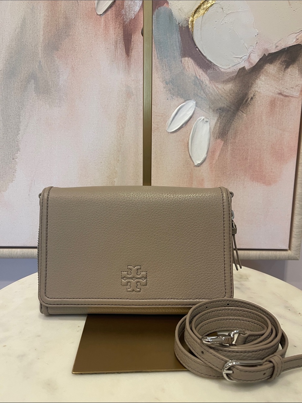Tory Burch Taupe Pebbled Leather Crossbody